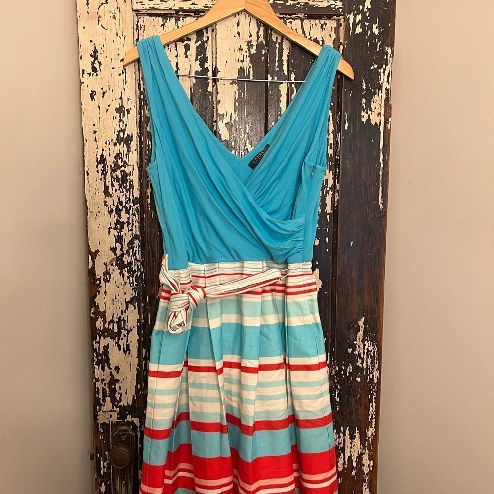 Lauren Ralph Lauren Aqua Blue tank and striped skirt Dress. Women’s size 8.